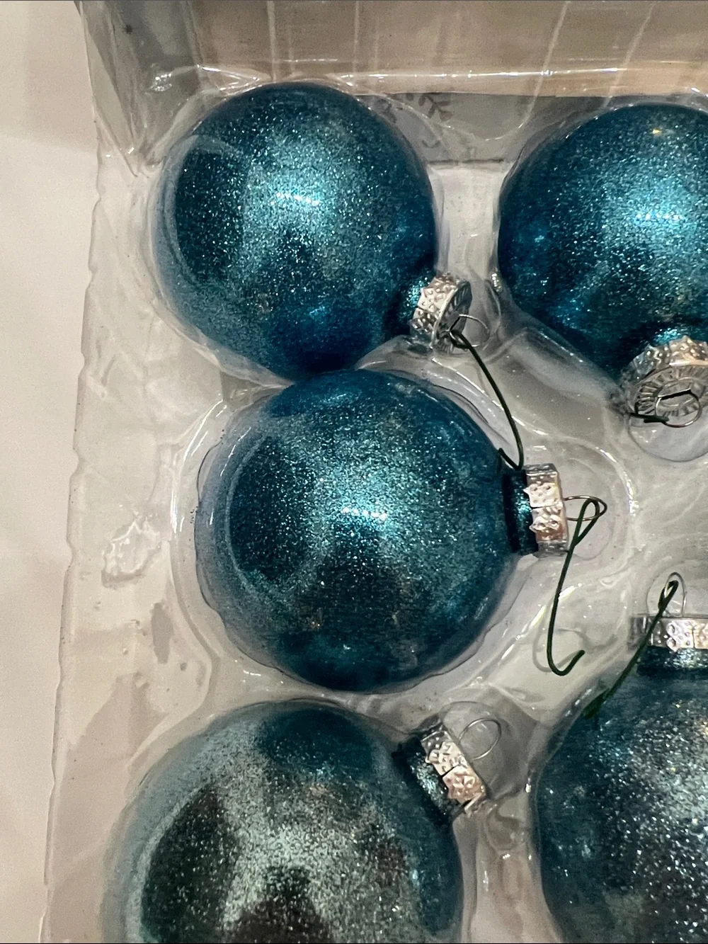 Set of 8 Glitter Teal Blue Holiday Ornament Shatter Proof 2”5/8 Vibrant